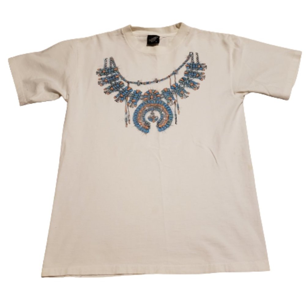 Diamond Dust T-Shirt White Men's Medium Native American Beads Retro 90s Vintage